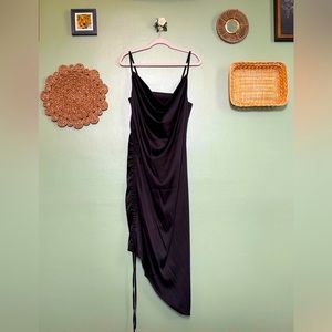 Women’s Black Ruched Satin Midi Cocktail Dress - Size XL - Brand New W/O Tags